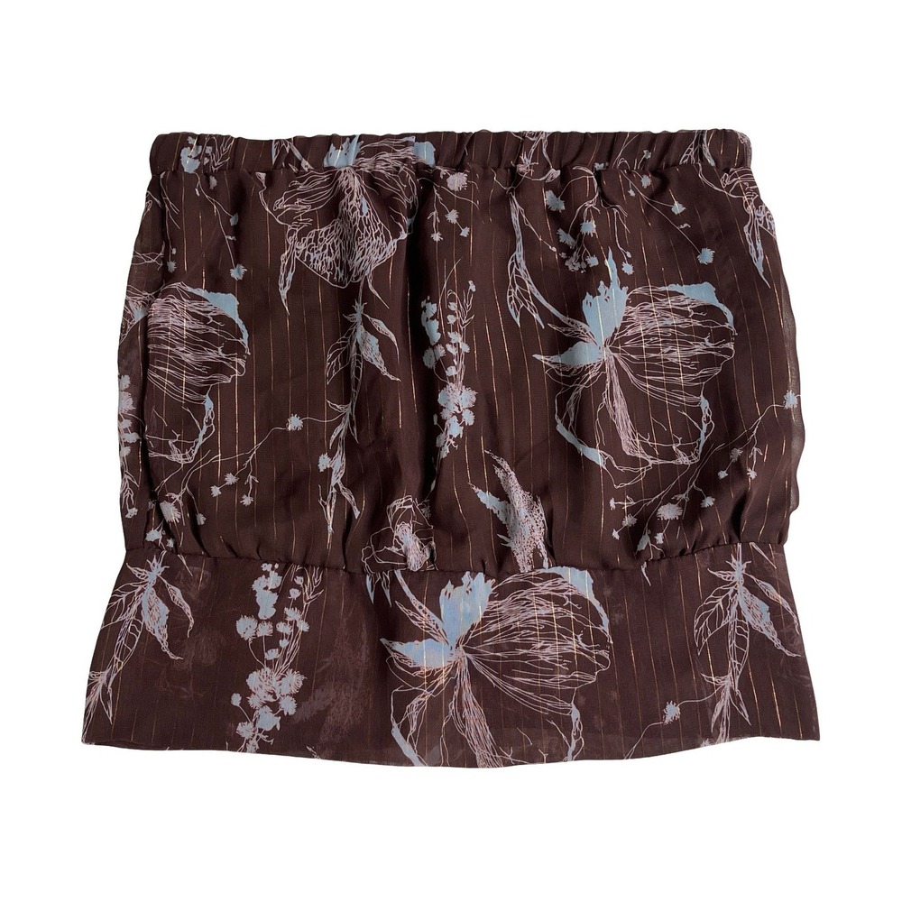 Y2K Forever 21 Tube‎ Top Women S Brown Floral Metallic Sheer Back Slit Tie Crop